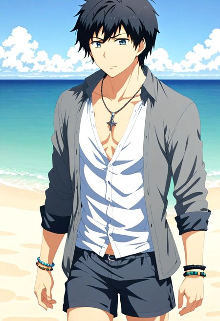 high resolution, solo, best quality, 1Boy, Arata Kaizaki, Black Hair, beach, calm, clear sky, candid, open shirt, shorts, sixpack, necklace, bracelet, OverallDetail