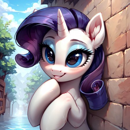 masterpiece, score_9, score_8_up, score_7_up, (best quality:1.1), ultra-detailed, high resolution, 1 girl, solo, pony, highly detailed macro illustration, Rarity smiling, blushing, hooves on face, Rarity, feral, female, mare, cute, long eyelashes, outside, (((beautiful detailed eyes))), Long eyelashes, fluffy, ear fluff, long eyelashes, (cornering), taking cover, spying, marble wall, Highly Visible, (((8k))), sharp focus, perfect lighting, anatomically correct, extremely detailed, shine on body, (Water town,, high detail, cute face, Expressiveh, detailed background, OverallDetail, zPDXL2, <lora:Corneringv1:0.8>