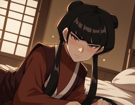 score_9, score_8_up, score_7_up, source_anime, <lora:mai-book2-ponyxl-lora-nochekaiser:1>, mai, sidelocks, long hair, black hair, lunt bangs, hair bun, double bun,, chinese clothes, turtleneck, long sleeves, wide sleeves,, indoors, bed, bed room, on side, blush, drunk, looking at viewer, solo, cowboy shot, dutch angle