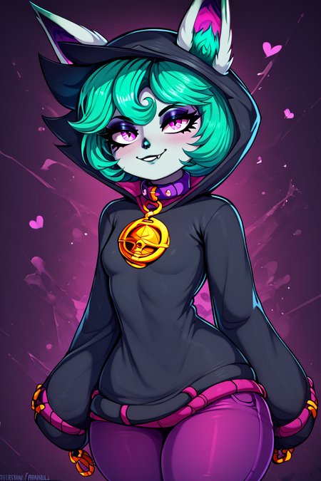score_9, score_8_up, score_8, medium breasts, (curvy), cute, eyelashes,       BREAK, ,  zzVex, pink eyes, green hair, bangs, short hair, grey skin, colored skin, black hood, hood up, ears through headwear, white animal ears, black shirt, purple collar, golden ornament, long sleeves, sleeves past wrists, purple pants,  <lora:Vex_PDXL:1.0>,, BREAK, <lora:Afrobull_PDXL_v4:0.8>,  ,,, BREAK, smile, looking at viewer, closed mouth, cowboy shot,  ,,, embedding:zPDXL, Expressiveh, ,,, <lora:SDXLFaeTastic2400:0.5>, <lora:Expressive_H-000001:0.4>,