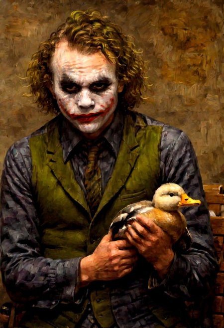 r3mbr4ndt, PEJoker, (old dark sharp fuzzy oil painting medium brush strokes:1.1) portrait of (The Joker:1.5), (holding a duck:1.5), green hair, rich textures, realistic facial expression, high detail, moody, vintage, brush strokes, oil paint, old canvas texture, Rembrandt Lighting Style