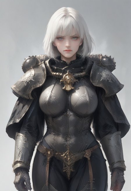 <lora:Sororitas:1> armor, shoulder armor, 1girl, pauldrons, short hair, power armor, white hair, white eyelashes, big breastplate <lora:disgusted_face_xl_goofy:1> disgusted face, looking down, score_9, score_8_up, score_7_up, score_6_up, score_5_up, score_4_up
