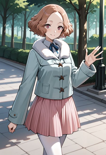 (masterwork, masterpiece, best quality, hyper-detailed),
1 girl, solo, 
p5haru, brown hair, short hair, wavy hair,
p5haru-wintercas, fur trim, fur-trimmed jacket, duffle coat, light blue duffle coat, neck ribbon, blue neck ribbon, pink skirt, white pantyhose, pink skirt,
outdoors, park, trees, cold, waving, walking, looking at viewer, smile, cowboy shot,