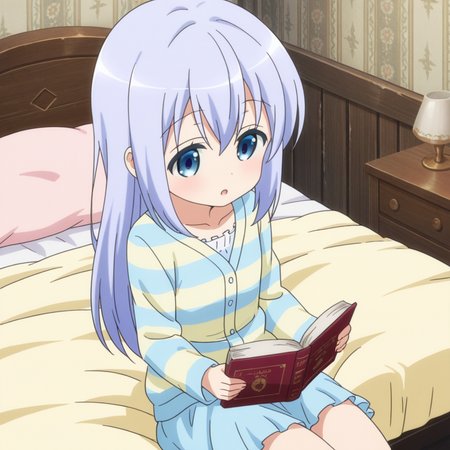 nsfw, masterpiece, best quality, amazing quality, 1girl, solo,  is_the_order_a_rabbit_chino_kafu, sitting, read an book, long hair, blue eyes, blue hair, striped, pajamas, collarbone, :o, long sleeves, bangs, striped jacket, light blue hair, open mouth, hair between eyes, blue skirt,  indoors, bedroom, bed, <lora:Chino_Kafu_-_Is_the_Order_a_Rabbit:0.7>