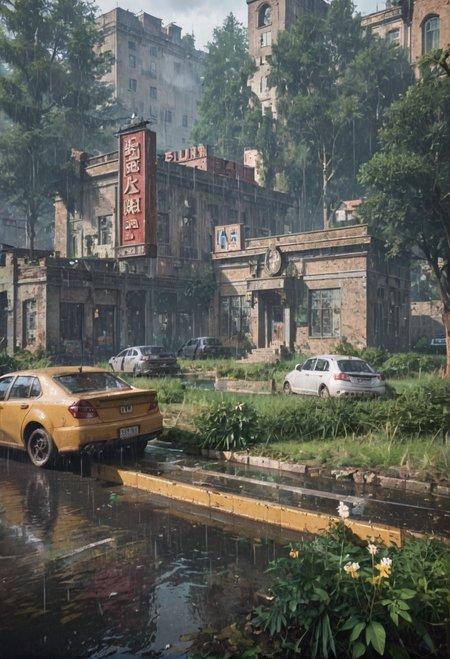 ,ruanyi0763,outdoors,tree,building,ruins,gas station,,ruanyi0714,water drop,rain,<lora:0763 post apocalypse_v1_pony:0.9>,<lora:0714 rainy day_v1_pony:1>, score_9,score_8_up,score_7_up,,8k,1girl,solo,