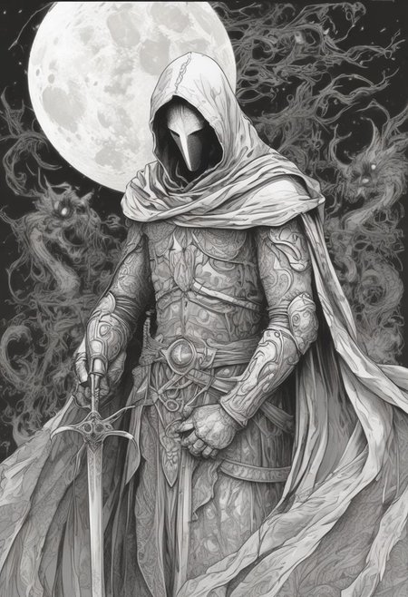 sketch/(ttp/)：0.5，A closeup of fantastical image of a moon knight, clad in flowing, flowing robes, wielding an ornate, ornate blade. Their eyes are filled with power and determination, as they wield the sword in a fluid, dynamic motion. The moon's reflection highlights their magical power