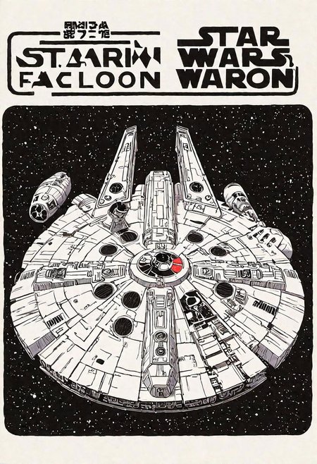 Japanese Manga book cover of star wars Millennium Falcon, book cover with text "Star Wars", Akira toriyama style , blank background , full colour, hand drawing