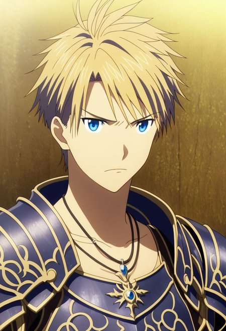 high resolution, solo, best quality, 1Boy, Yamato Ishida, Blond Hair, Blue Eyes, Necklace, dystopia, serious looking, armor, fantasy, OverallDetail