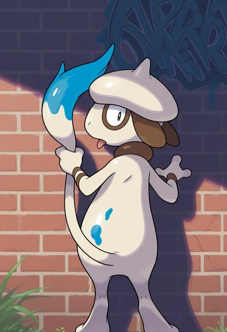 sugimori ken, pokemon, official art, 
best quality, masterpiece, amazing quality, very aesthetic, absurdres, 
solo, no humans, furry male, 
male focus, animal focus, 
cowboy shot, from behind, 
smeargle, pokemon \(creature\), feral, 
holding, tail grab, painting \(action\), paint, 
looking back, tongue, 
outdoors, brick wall, graffiti
