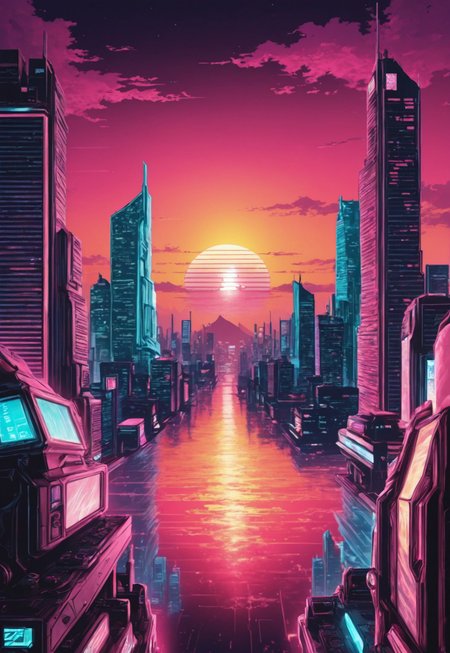 synthworld, synthwave, sunset, city skyline