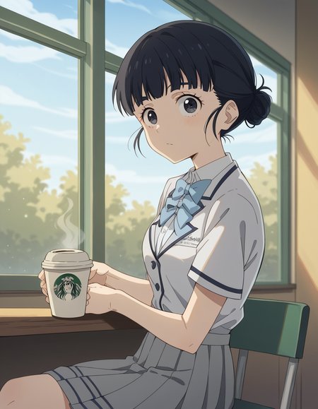 score_9, score_8_up, score_7_up, source_anime, <lora:tiara-basori-s1-ponyxl-lora-nochekaiser:1>, tiara basori, bangs, black hair, hair bun, black eyes, single hair bun,, skirt, shirt, bow, school uniform, white shirt, short sleeves, grey skirt, pleated skirt, bowtie, blue bowtie, blue bow, blazer,, cafe, coffee cup, barista, sitting down, talking, relaxing, sunlight through window, , looking at viewer, from side, solo,, cowboy shot, dutch angle