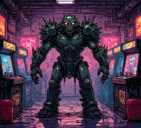 <lora:Simple_Anime_Style_Flux-000012.safetensors:1> anime
In a vivid digital painting, a colossal, muscular humanoid reptilian creature towers over a surreal arcade setting. The creature’s form oscillates between hyper-realistic details and flowing, liquid-like abstract patterns, as if marbled textures from a dream are embedded in its exoskeleton. Its dark green armor, reminiscent of resilient reptilian skin, is intricately segmented with pronounced scales, blending the organic and mechanical. Spikes protrude from its shoulders, spine, and elbows, casting long, sharp shadows and adding to its formidable presence.
The creature’s reptilian head features glowing, electrifying red eyes that pierce through the dim ambiance, and a mouth filled with sharp, intimidating teeth. It stands straight on a polished, metallic platform, muscles tensed, exuding power and readiness. Its arms hang slightly bowed, showcasing muscular forearms and large, dagger-like claws, each detail accentuating its potential for aggression. The legs are strong, ending in clawed feet planted firmly on the platform, contributing to its solid and threatening stance.
The background is a futuristic arcade infused with a cyberpunk aesthetic. Retro gaming machines are lit with neon hues—radiant pinks, purples, and oranges—casting an eerie, glowing ambiance. These machines display pixelated graphics of skeletal and monstrous designs, harmoniously blending with the creature’s terrifying visage. Tangled wires and a slightly grimy look enhance the dystopian atmosphere, creating a polished yet gritty environment. The high-contrast lighting highlights the juxtaposition between lit and shadowed areas, adding a dramatic, eye-catching focus.
The scene is a vibrant fusion of surrealism and modern dynamism, where the fantastical and hyper-real details coexist to evoke a dreamlike yet exhilarating tone. The intricate detailing of the scales, armor segments, and the vividly glowing elements reflect a meticulous artistic effort, making the scene both captivating and intimidating.