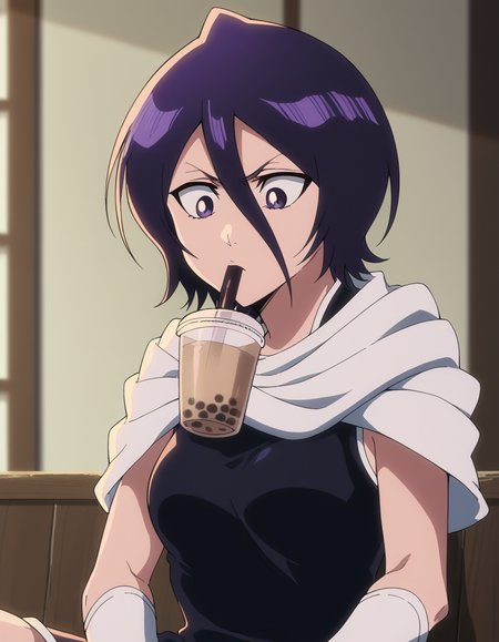 score_9, score_8_up, score_7_up, source_anime, <lora:rukia-kuchiki-tybw-ponyxl-lora-nochekaiser:1>, rukia kuchiki, black hair, hair between eyes, purple eyes, short hair, medium breasts, anime screencap, <lora:bubble-tea-challenge-ponyxl-lora-nochekaiser:1>, bubble tea challenge, bubble tea, object on breast, drinking straw, drinking straw in mouth, drinking, cup,, indoors, sitting, looking down, , cowboy shot, solo