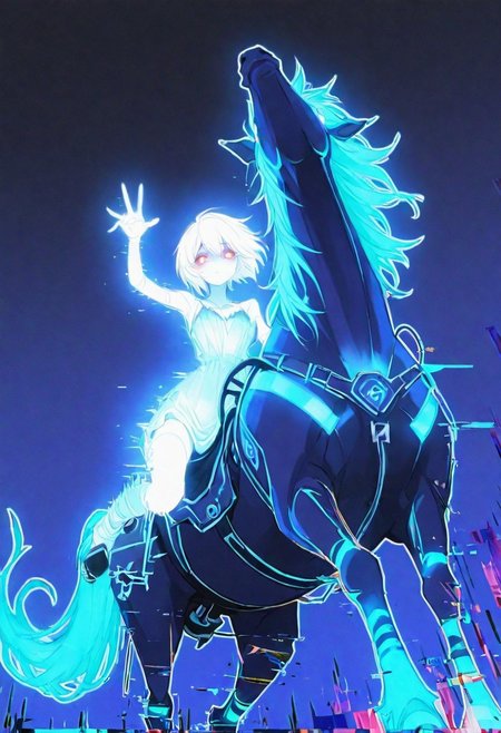 score_9, score_8_up, score_7_up, 1girl, anime waifu, riding horse, side saddlexxx667_illu, glowing, glitch