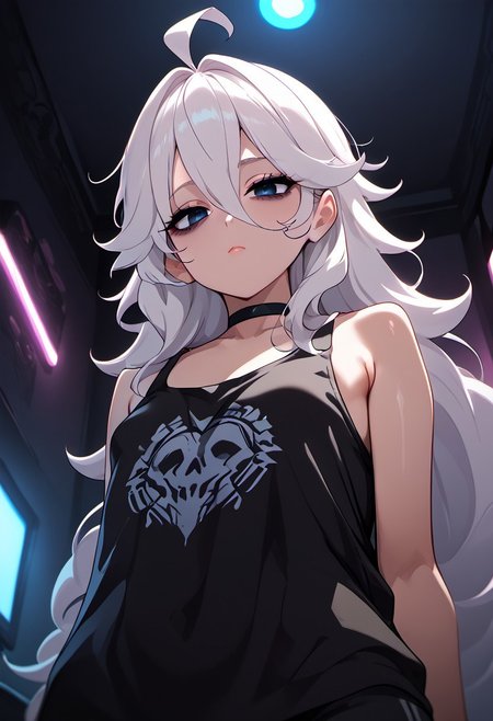 score_9, score_8_up, score_7_up, fFaceDetail, 1girl, Shadwo, Goth girl, solo, black_eyes, white_hair, grey_hair, very_long_hair, messy_hair, hair_between_eyes, ahoge, small_breasts, bags_under_eyes, black choker, black oversized tank top, clothes lift, Expressiveh, looking at viewer, sexy hips, view under clothes, from below, looking down, dynamic angle, detailed background, indoors, gaming bedroom, night, neon lights, highly detailed, dark theme, dim lighting, cowboy shot, low angle