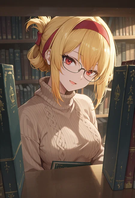 1girl, solo, anime coloring, anime artwork, unholy-aesthetic, masterpiece, best quality, newest, absurdres, highres, safe, CG, cinematic lighting, natural shadow, highest detail, detailed background, intricate scenery, depth of field, insane details, intricate, subsurface scattering, very aesthetic, serene atmosphere, artistic rendering, dramatic contrast, luminous elements, soft painterly texture, striking visual design, finely detailed face, beautiful face, dutch angle, cinematic angle, head tilt,
library, light smile, half open mouth, upper body, shelving book,
<lora:kaelaIL:0.45> kaelaIL, folded ponytail, blonde hair, red eyes, tsurime, glasses, medium breasts, red hairband,
sweater, brown sweater, sweater dress, turtleneck sweater,
<lora:through_the_bookshelf:1> ,through the shelf,bookshek,bookshelf,across the book shelf,depth of field