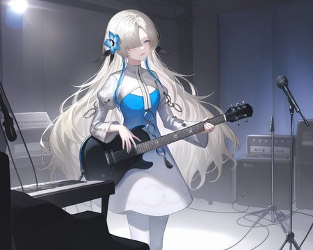 1girl, isekaijoucho, isekai joucho,
blue hair flower, gray wavy long hair, hair over one eye, multicolored hair, white blue two-tone dress, blue white gradient dress, puffy long sleeves, white pantyhose, high heel boots,
singing, (smile:0.3), eyes open, mouth open, indoor, recording studio, bokeh, outstreached arm, playing guitar, mic stand, standing, cowboy shot, musical band, man playing guitar, man playing drums, man playing keyboard \(instrument\),
masterpiece, best quality, very aesthetic,
<lora:neg4all_bdsqlsz_xl_V91:1>,  <lora:Isekaijoucho_anmgn31_C:0.8>,