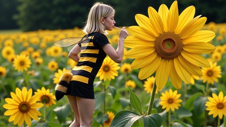 cinematic photo a (25 year old girl:1.5), she has huge bee wings attached to her back and bee antennae attached to her head, she's wearing a( black and yellow:1.2) horizontally striped figure hugging lycra minidress, the dress has a human sized (fuzzy bee abdomen attached sticking out at the butt:1.3)
she has blonde hair in a bob cut, she has a slim figure and long legs, she has medium sized breasts
she's hovering in midair in front of a enormous flower, the flower is bigger than the girl, ready to drink it's nectar through a long straw, the straw is held in her hand with the end (stuck into the flower:1.3)
she's in a meadow of enormous wild flowers,, score_9, score_8_up, score_7_up, hyperdetailed, hyperrealistic,  best quality, (masterpiece:1.3),high-definition, intricate details, volumetric lighting, symmetrical face, level eyes, . 35mm photograph, film, bokeh, professional, 4k, highly detailed