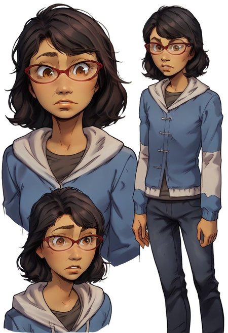 score_9, score_8_up, score_7_up, score_6_up, score_5_up, score_4_up, conceptart,multiple views,white background,simple background,<lora:concept:1>,
1girl, solo,, 
Sarah_TWD,, , brown eyes, black hair, medium hair, dark skinned , ,, young face, ((red frame glasses, blue and white hooded jacket, dark-gray shirt, blue jeans pants, gray boots,)),, young, flat chest,
<lora:princess_xl_v1:0.7>, <lora:Expressive_H:0.6>, <lora:incase-ilff-v3-4:0.5>, <lora:MysticalPlantPenetratorPDXL:0.5>, <lora:SarahTWD:1>