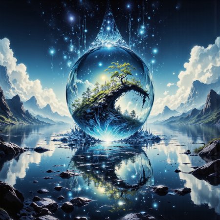 A surreal, dreamlike landscape unfolds on an infinite water surface that mirrors the skies above with absolute clarity, creating a seamless transition between the world above and its reflection. Floating in the center is a perfectly round, transparent glass sphere, its surface shimmering with refracted light that captures faint glimmers of distant stars and the silhouettes of serene trees. Surrounding it, gentle ripples radiate outward, blending natural motion with ethereal stillness. In the distance, misty mountain ranges cradle the horizon, their reflections interweaving with the glassy water below. Adding to the mystical ambiance, the sphere evolves subtly: part of it elongates into a droplet shape, containing within it a miniature forest illuminated by soft, celestial light. Nearby rocks punctuate the water’s surface, grounding the fantastical scene with touches of realism. The interplay of light, water, and glass creates a harmonious and otherworldly composition that evokes a sense of wonder and infinite possibilities.