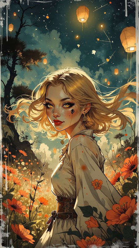 in C0MICZ2, dinkwfsn style, dismrt style, a ink wash painting, high-resolution anime-style illustration, bold pop-art influences, young woman in a flowing nightgown standing in a vast field of glowing flowers, her long blonde hair billowing wildly, framing her striking face. Her piercing golden eyes glow with intensity, thick lashes casting shadows on her cheeks, bold eyeliner extending into sharp, rebellious wings. Her deep red lips are slightly parted, a hint of a playful smirk breaking through, while soft freckles dust her nose and cheekbones. The floating golden key reflects in her wide-eyed gaze, filled with longing and curiosity. Ethereal mist swirls around her feet, deep twilight sky filled with drifting lanterns and constellations forming unseen symbols, grunge textures, rough brushstrokes blending with vivid anime shading, chaotic and rebellious yet playful atmosphere <lora:Anime_Art_V3:0.8> <lora:Mystic-Fusion_v10:1.0> <lora:stylized_comic_000002000:0.4>
