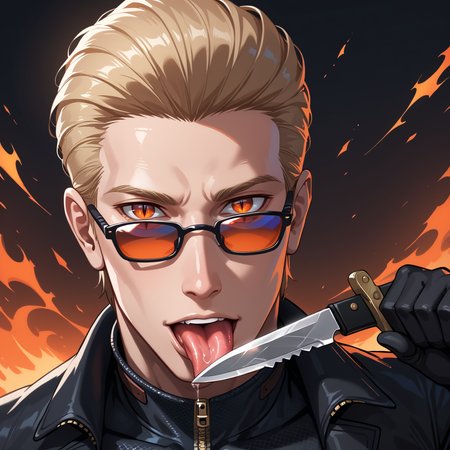 PonyScores7, source_anime, ah1, best quality, (masterpiece:1.4), (high quality:1.4), sharp focus, 4k, absurd resolution, <lora:albertwesker-guy-PONYv1:0.8> albertwesker, albert wesker, 1boy, blonde, black gloves, ((sunglasses)), belt, pants, black coat, black pants, looking at viewer, toned, athletic, fit, slicked back hair, black turtleneck, zipper, mature male, black boots, bad-hands-5, <lora:xl_more_art-full_v1:0.2>, glistening skin, <lora:aesthetic_anime_v1s:0.2>, <lora:Expressive_H:0.2> Expressiveh, <lora:hairdetailpxl:0.2> hairdetailpxl, <lora:EpicF4nta5yXL:0.2>, <lora:detailxl:0.2> detailxl, (focused, intense stare), slit pupils, short hair, (reddish orange eyes), best quality, amazing quality, best aesthetic, absurdres, <lora:eyedetailpxl:0.2> eyedetailpxl, illustration, Volumetric_Lighting, ultra-detailed, very aesthetic, intricate details, 8k, masterpiece, best_quality, disdain, looking at viewer, cocky, <lora:blade lick:0.8>, bust, upper_body, close_up, (((holding_knife, knife, holding knife, holding weapon))), (((licking_blade, licking_weapon, licking knife, lick the blade with his tongue, knife on tongue))), tongue_out, saliva, saliva_trail,
