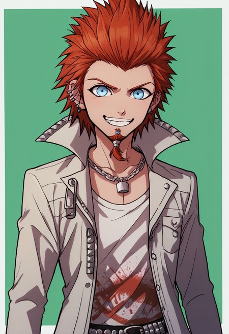 score_9, score_8_up, score_7_up, source_anime, highly detailed, 
leokuwata, 1boy, solo, male focus, jewelry, smile, ring, red hair, spiked hair, grin, belt, earrings, blue eyes,
necklace, looking at viewer, jacket, chain, ear piercing, piercing, goatee, print shirt, upper body,
simple background, border,