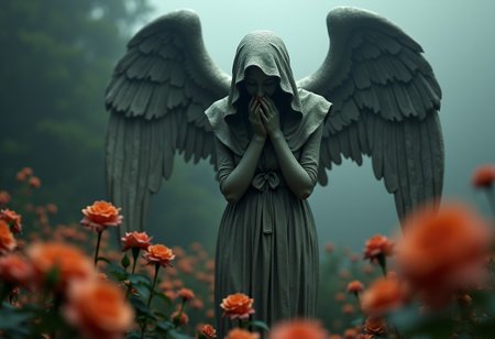 presents an enigmatic victorian garden, orange roses, gothic, rain and fog, halloween, full body, woman statue, weeping statue, "weeping angel" , angel of death, patina, swirling mist, thick fog, hyperdetailed, photorealistic, hyper realistic, cinematic lighting, volumetric lighting, intricate detail, unreal engine 5, in the style of pictorialism influence the (essence of Sophie Wilkins' fantastical, dark background, Peter Holme III's, and Pipilotti Rist's bold art). forms beings, abstract composition, fantastical illustrations, bold art, morphing shapes, while the surrounding darkness imbues the image with an air of mystery and secrets untold. lending an air of melancholy to this cinematic masterpiece.