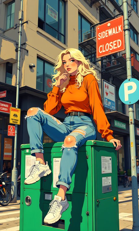 A woman sitting on top of a green newspaper vending machine. She has long, wavy blonde hair and is wearing a fitted, long-sleeved orange top paired with high-waisted, ripped blue jeans. Her casual yet stylish outfit is complemented by white sneakers.
Her facial expression is relaxed and confident. She appears to be looking off to the side, giving an air of nonchalance and ease. Her slightly parted lips suggest a subtle smile or a moment of thoughtfulness.
She is seated casually with her legs crossed at the ankles, one hand resting on her knee and the other near her face. This pose conveys a sense of comfort and spontaneity, as if she is taking a break or simply enjoying the moment.
The woman's outfit consists of a fitted, long-sleeved orange top that accentuates her figure. The high-waisted, ripped blue jeans add a touch of edginess to her look, while the white sneakers provide a clean and modern finish. The combination of colors and styles creates a balanced and fashionable appearance.
The camera is positioned at a low angle, looking up at the woman. This perspective emphasizes her height and the details of her outfit, making her the focal point of the image. The angle also captures the urban setting around her, adding context to the scene.
The lighting in the image is natural, likely from sunlight, given the clear shadows cast by the objects and the woman herself. The light highlights the texture of her clothing and hair, creating a warm and inviting atmosphere. The shadows add depth and dimension to the image, enhancing the overall visual impact.
The background features an urban street scene with various elements such as a "Sidewalk Closed" sign, a "Detour" sign, and a building with large windows displaying advertisements. The signs and the building provide a sense of location and context, suggesting that the photo was taken in a city environment. The muted colors of the background contrast with the vibrant colors of the woman's outfit, making her stand out even more.
The composition is dynamic and engaging, with the woman centered in the frame. The use of the low camera angle and the urban elements in the background create a sense of movement and energy. The lines of the signs and the edges of the buildings guide the viewer's eye through the image, drawing attention to the woman and her surroundings. The overall composition is well-balanced, capturing a candid and stylish moment in an urban setting.
BREAK j_art, <lora:FLUX\jul\J_Anime:1.0>, <lora:FLUX\RetroAnimeS1.1:0.0>, <lora:FLUX\GLSHS:0.0>, <lora:FLUX\Dieselpunk Delight - s0_9 g4:0.0>