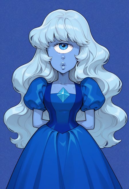 <lora:Sapphire_SU:1>,  <lora:AKinuNishimura_Style:1>, sapphire_(Steven Universe), blue dress,large hair, light blue hair, wavy hair, hair bangs, Cyclops, blue eye, blue color skin, wallpaper, very aesthetic,  thick lips, hands behind body
