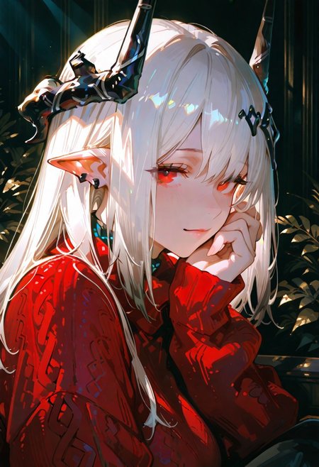 masterpiece, best quality, hyper-realistic, ultra-HD, luminous lighting, cinematic ambiance, shimmering gradients, ethereal glow, deep contrast, rich color tones, seductive atmosphere, captivating sensuality, Cinematic Lighting, 
BREAK 
raytracing, volumetric lighting, ambient occlusion, Background, girl, 
BREAK
Mudrock \(Arknights\), red eyes, long hair, white hair, black horns, demon horns, pointy ears, hair ornament, ear piercing, Festive Sweater Look,