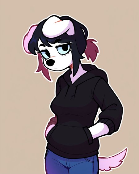 score_9_up, score_8_up, score_7_up, score_6_up, by remanedur, half-length portrait, medium breasts, black hair, dog, white body, floppy ears, black topwear, hoodie, ponytail, female, hands in both pockets, looking at viewer, tail, solo, neutral expression, jeans, three-quarter view, head tilt, simple background, white outline, <lora:PDXL_artist_tags_v2_big:0.5> <lora:The-Minuscule-Task_PDXL_v1.0:0.6>   <lora:Teddy_bearsockz:0.7>