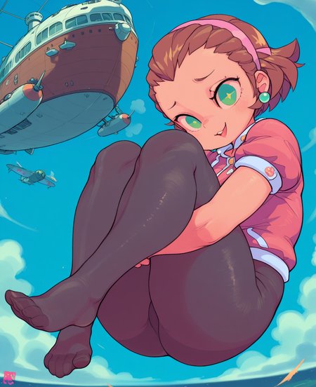 <lora:starmilkplus:1> starmilkplus,
(masterpiece), (best quality), (ultra-detailed), amazing quality, very aesthetic, illustration, perfect composition, intricate details, absurdres, incredibly absurdres, shiny skin, realistic,
 starmilkplus, 1girl, pantyhose, green eyes, jewelry, pink hairband, brown hair, hairband, earrings, hugging own legs, hair pulled back, open mouth, short sleeves, puffy sleeves, smile, puffy short sleeves, airship, feet, solo, sky, full body, short hair, blue sky, black pantyhose, aircraft, jacket, day, cloud, sensitive