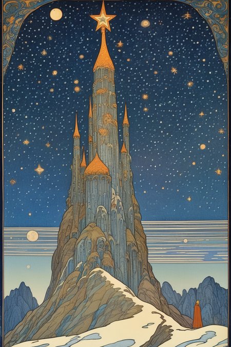 <lora:Ivan Bilibin Style:1>Ivan Bilibin Style - A giant as tall as the sky wandering a barren earth beneath a star filled sky. In the style of Ivan Bilibin.