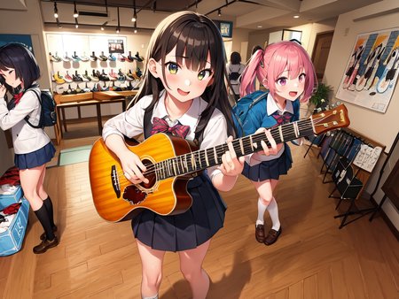 masterpiece, best quality, ultra-detailed, illustration,
(2girls:1.4), school uniform,  school bag,  smile ,
guitarshop, guitar, instrument, electric guitar, bass guitar, amplifier, gibson les paul, drum, acoustic guitar, speaker, wooden floor, indoors, 
 <lora:guitarshop:0.8>