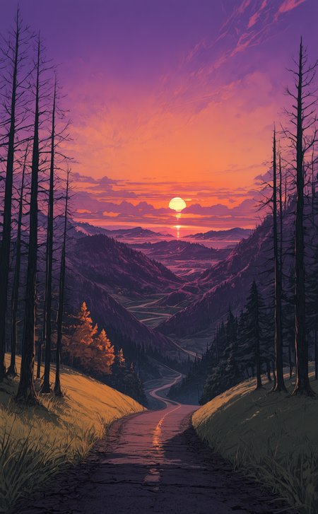masterpiece, best quality, amazing quality, outdoors, sky, cloud, tree, no humans, sunlight, grass, cloudy sky, building, scenery, nature, forest, sunset, mountain, sun, bush, road, wide shot, mountainous horizon, evening, landscape, colorful, orange sky, path, hill, sunrise, purple sky, pine tree, yellow sky, vanishing point, rolua,
dark_comic_fantasy_noir <lora:noobai_ep11_stabilizer_v0.138_fp16:0.3> <lora:NOOB_vp1_detailer_by_volnovik_v1:0.3> <lora:dark_comic_fantasy_noir_illustriousXL-000021:0.6> <lora:96YOTTEA-WAI:0.5> <lora:Rolua_style_v1_cocoILv56:0.7>