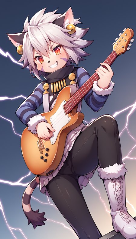 score_9, score_8_up, score_7_up, source_anime
BREAK
<lora:ElhPDXL:1> elh, 1girl, solo, furry female, cat girl, cowboy shot, dutch angle, contrapposto, holding instrument, playing instrument, electric guitar, (lightning bolt, electric background:1.2), grin, angry, cute, red eyes, orange eyes, body fur, elhattire, fur-trimmed sleeves, fur trim,  black pants, white boots, cat ears, white hair, short hair, shiny hair, earrings, facial mark, animal nose, striped tail, striped sleeves