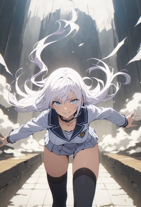 score_9, score_8_up, score_7_up, score_6_up, masterpiece, best quality, absurdres, cinematic, dynamic, perfect composition, solo, 1girl, gojou satoru, blue eyes, white hair, long hair, medium breast, collar, school uniform, short skirt, thigh highs, smirk, standing, close up, looking at viewer,