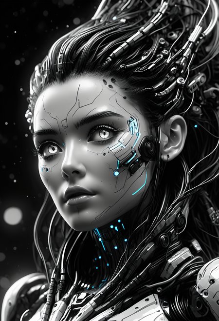 A black and white 200mm wide shot of Aloy from Horizon, with high detailed and beautiful eyes, in a tilt_shift style, set in A deep-sea abyss illuminated by eerie glowing creatures, a dynamic sleeping pose and an panic expression. The scene is illuminated by dynamic chiaroscuro lighting, enhancing the adorable atmosphere. Electric arcs dancing along exposed wires. A captivating illustration, bursting with ultra-HD richness, refined textures, and an immersive 8K quality. Each detail is masterfully refined, encapsulating the essence of the scene in stunning resolution., <lora:add-detail-xl:1>, <lora:JuggerCineXL2:0.75>, Jed-Cypnk, <lora:CyberpunkStyle:0.8>, eyeshd, <lora:Eyes_High_Definition:1>,