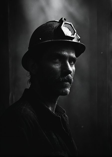 style by Brassaï, cinematic photo, dark photo of grimy miner with a miner helmet,holding a miner's trigger, 35mm cinematic , film, bokeh,  professional, 4k, highly detailed, 35mm photograph, film, bokeh,  professional, 4k, highly detailed, detailed beautiful eyes