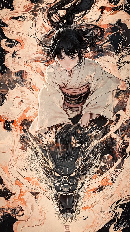 Japanese anime art style, Ukiyo-e,

Upon the dragon's blazing crest,
A girl in kimono stands, possessed.
Flames dance around her slender form,
A guiding light amidst the storm.

Her gaze commands with quiet might,
A harmony of fire and flight.
The dragon bends to her whispered call,
A timeless bond that conquers all.

With every step, the embers flare,
A tale of power, bold and rare.
Girl and beast, in flames entwined,
A fiery legend, forever enshrined.