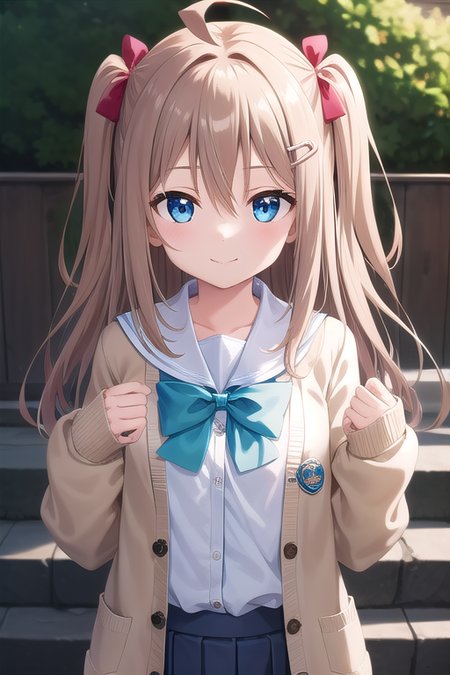((masterpiece)),(best quality),official art,extremely delicate and beautiful,extremely detailed CG,unity 8k wallpaper,ultra detailed,beautiful detailed eyes,extremely detailed face,outdoors,1girl,solo,upper body,(portrait:1.5),looking at viewer,facing viewer,smile,Neuro-Sama,ahoge,very long hair,long hair,brown hair,two side up,hair bow,red bow,hairclip,heart hair ornament,hair between eyes,bangs,blue eyes,school uniform,brown cardigan,open clothes,open cardigan,blue sailor collar,white shirt,green bow,puffy long sleeves,sleeves past wrists,button badge,small breasts,blue skirt,pleated skirt,bandaid on knee,single thighhigh,asymmetrical legwear,black thighhighs,single sock,loafers,brown footwear,<lora:Neuro-Sama(vtb)>,