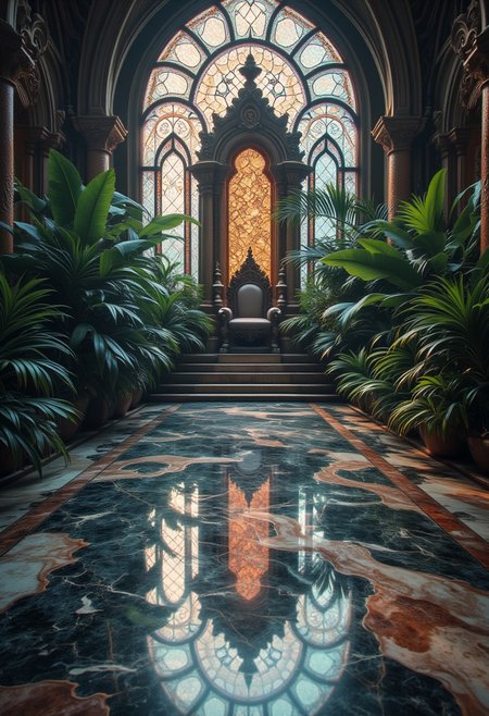 extreme quality, realistic photo of reflective marble flooring, (throne), nature, luxury, plants, supreme, ultra-detailed, extreme quality, masterpiece, 8k, intricate details, no humans