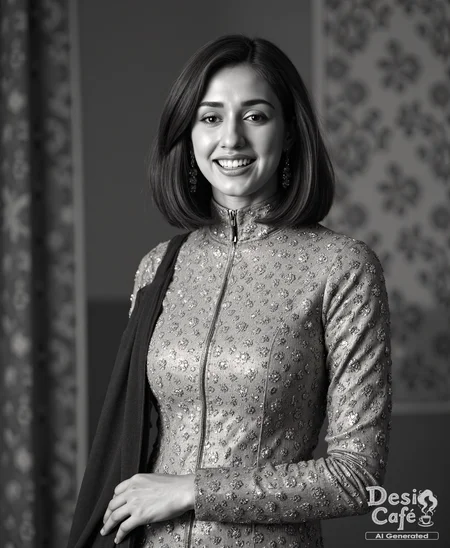 vintage greyscale photo of Disha Patani woman, hyper realistic photo that is safe for work, laughing, studio quality image, well dressed wearing intricate turtleneckPunjabi Suit, hair styled as bob,muted shaded wallpaper background that contrasts with the person, cinematic lighting,âââââ  <lora:Disha_Patani_Flux_Kohya_V1:1> disha pataniâââ