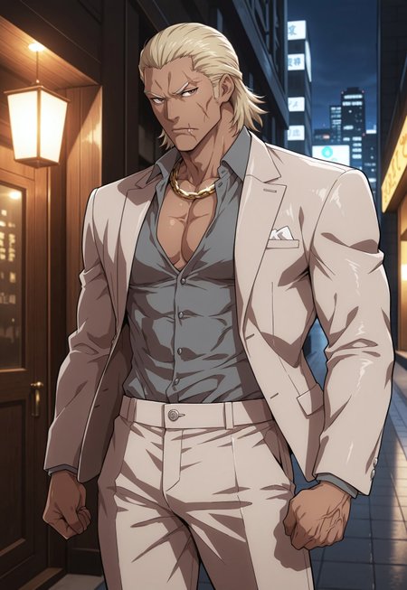cowboy shot, (solo), 1boy, motion lines, male focus, full-length portrait, standing, 
masculine face, daddy looking face, masculine, wrinkle, Villain, thug, bouncer,
Yakuza, Japanese, blonde hair, medium hair, sideburns, slick back hair, Brown eyes, No beard, Inuyashiki, <lora:Inuyashiki-000005:0.4>, 
Serious expression, 
Light Brown suit, dark grey shirt, suit pants, golden neck chain, elegant man, 
toned body, lean body, slim body,
Dark skin, scar on right side of mouth,
Muscled, narrow waist,
detailed face, detailed body, detailed eyes, perfect anatomy,
masterpiece,best quality,amazing quality,
k0n0hanaya, <lora:-Konohanaya-000017:0.6>,
<lora:cfg_scale_boost:0.2>, <lora:add-detail-xl:0.2>, <lora:NAI_QualityV1.1:0.2>,
Outdoors, night club entrance, shinjuku