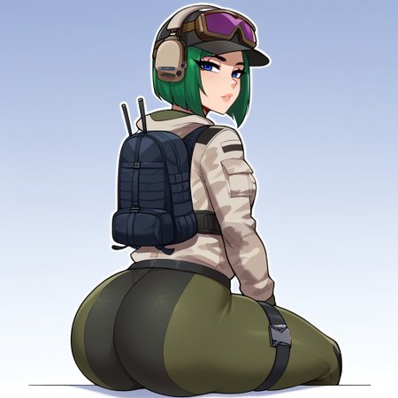 score_9, score_8_up, score_7_up, BREAK,  (masterpiece, best quality, highres detail), 1girl, solo,(closeup,the rear view slightly from the side), Expressiveh, <lora:Ela:1>, ElaSDXL, 1girl,solo,short hair,green hair,beautiful face, slim face,freckles, lips, from behind,looks at viewer,horny, beautiful eyes, blue eyes,   jacket, pants, ,fingerless gloves, military uniform, camouflage ,headphones,goggles,hat goggles on headwear, backpack, thighs holster, (simple abstract shape background),(sitting), (skinny), small breast,wide hips,  thick thighs