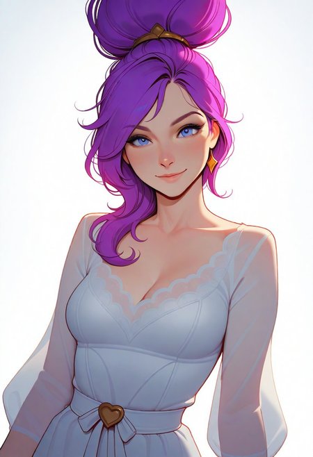 Artist : Tsuaii, Artist : Incase, flat colors, high detailed, high quality, masterpiece, 
1girl, upper body, (neutral white background), dynamic lighting, standing, looking at viewer, cowboy shot, 
eye reflection, smile, (Janna league of legends:2),
