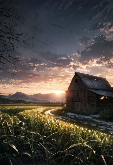 detailed background, (Calm spring night landscape), amongst lush greenery, beautiful view, corn farm, early morning, sunrise sky, beautiful clouds, dappled sunlight, outdoor seating, barn, Snow-capped mountains, white clouds, depth of field, masterpiece, best quality, ultra-detailed, very aesthetic, illustration, perfect composition, intricate details, absurdres, moody lighting, wisps of light, no humans, RAW Photography, lens flare, low wide angle,, (sharpness in detail:1.1), Canon EOS 5D Mark IV, masterpiece, (iconic photograph:1.4), (visual storytelling:1.2), film grain, award winning