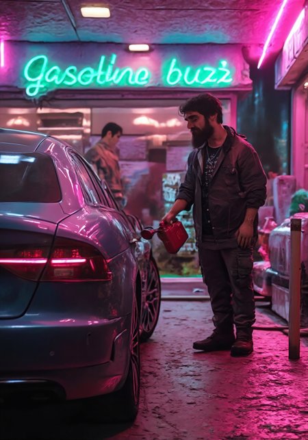 Person fueling a dark-colored car at a gas station.  Mid-shot, real-time, and realistic.  A person in a dark-colored shirt and pants is filling a dark-colored car. The person is holding a red gas can. green neon text on gas can "gasoline buzz", The car is dark-colored, likely a sedan or coupe.  Neon lights and colors illuminate the gas station. Vivid, saturated colors of pink and green, indicating a night scene.  Sharp focus on the person and gas can, moderate depth of field.  Realistic lighting with some shadows. Reflective surfaces on the car.  The gas station scene is full of visual appeal.  A realistic depiction of a contemporary gas station scene.
