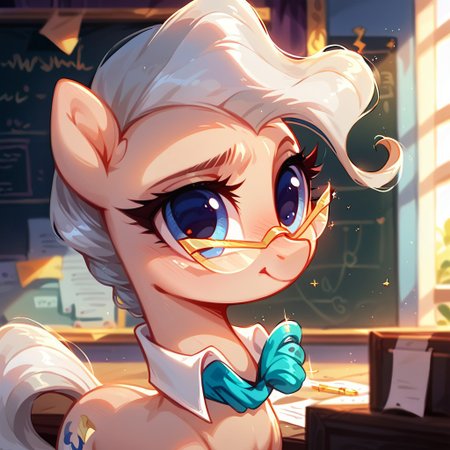 rating_safe, score_9, score_8_up, score_7_up, pony, feral, cute, Mayor Mare, 1girl, non-human, glasses, blue eyes, beige skin, quadruped, animal, pony, gray hair, tail, indoors, pretty face, curvy and petite, heavy blush, light makeup, volumetric lighting, vivid colours, detailed, shiny
